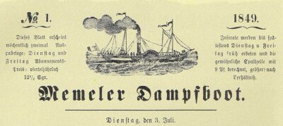 Pirmojo „Memeler Dampfboot“ numerio antraštė, 1849 m. (Šaltinis: Memeler Dampfboot, 1999 Nr. 7)